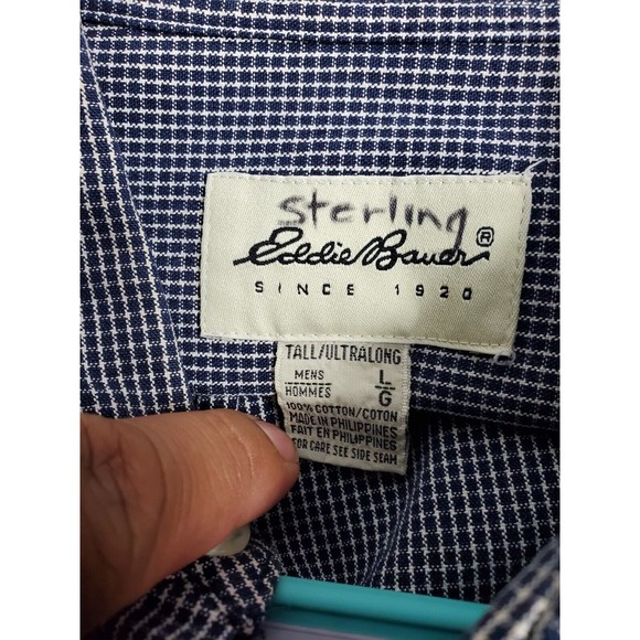 Eddie Bauer Button Down Long Sleeve Mens Sz L Navy Blue 100% Cotton Check Shirt - Picture 8 of 10